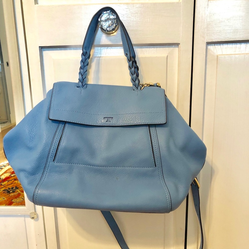 Tory Burch purse, half Moon Montego Blue Leather